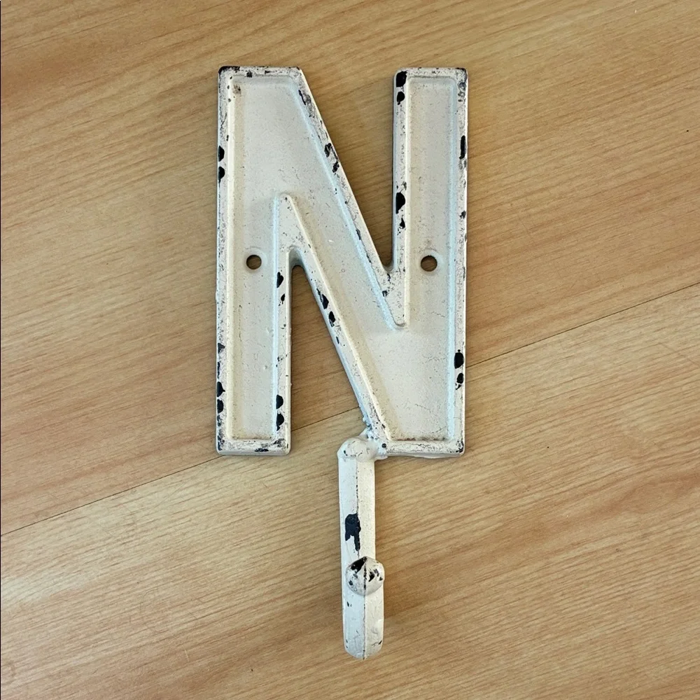 Vintage Style Ivory Cream Cast Iron Initial Letter N Wall Hook